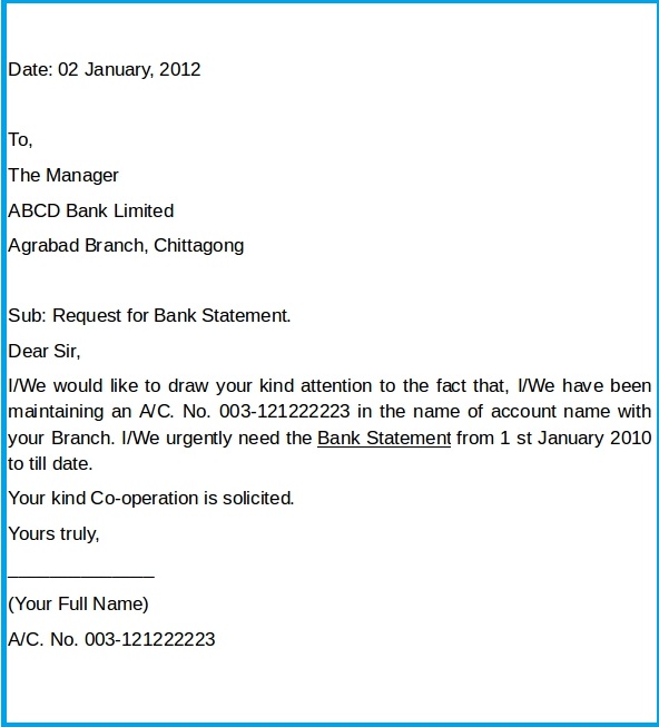 Bank Statement Request Letter Format In Word Sample