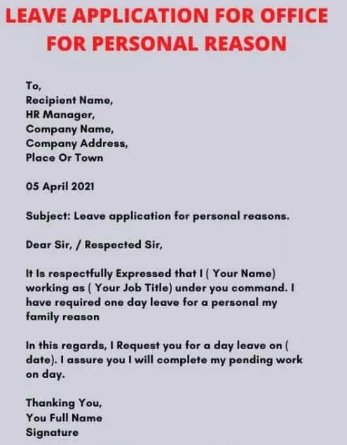One Day Leave Application for personal reason